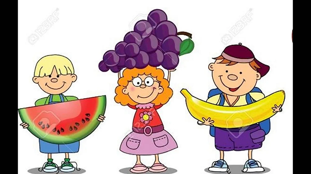 Дети едят овощи и фрукты мультяшное