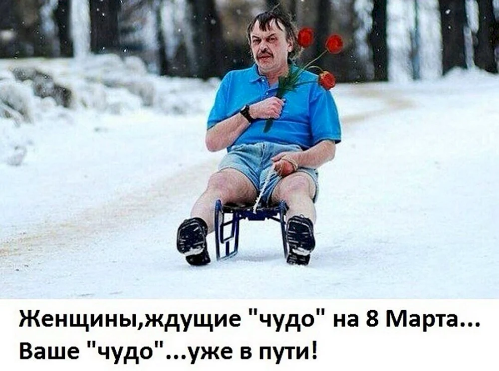 Мужик на санках с цветами