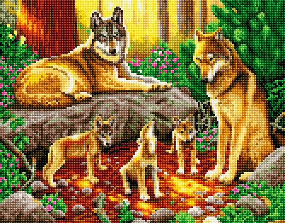 Алмазная мозаика семья Волков с волчатами