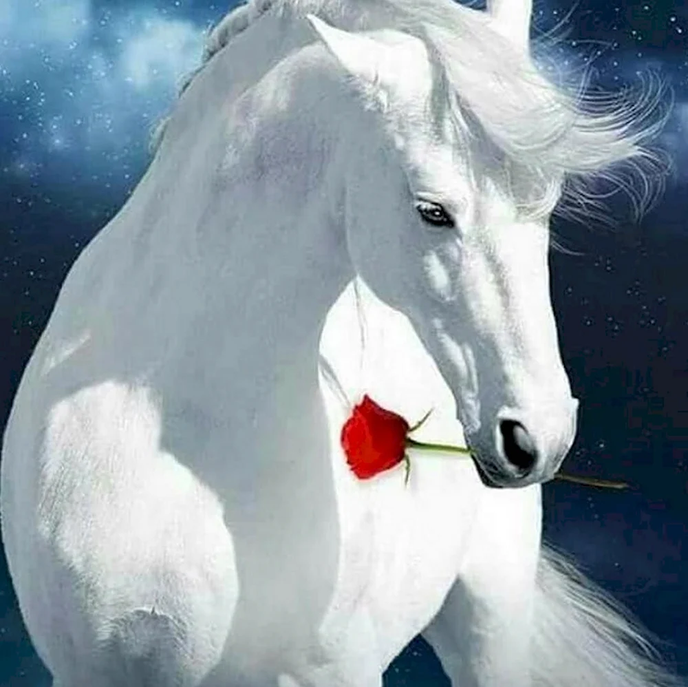 Белая лошадь с розой