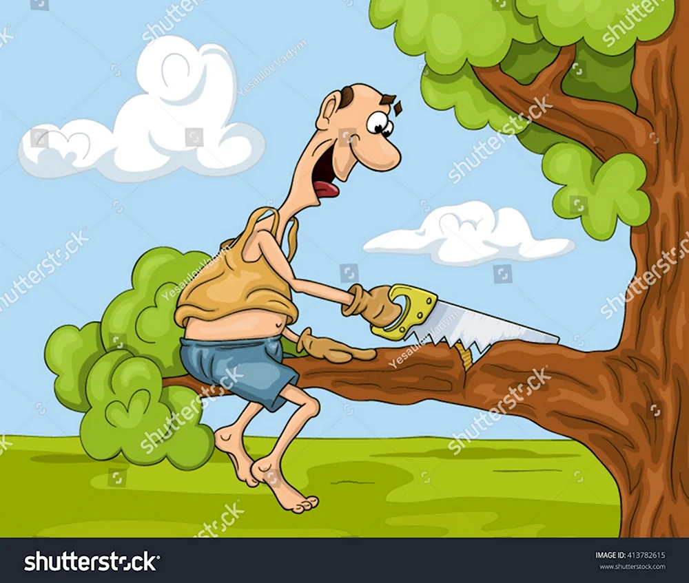 Человек пилит дерево на котором сидит
