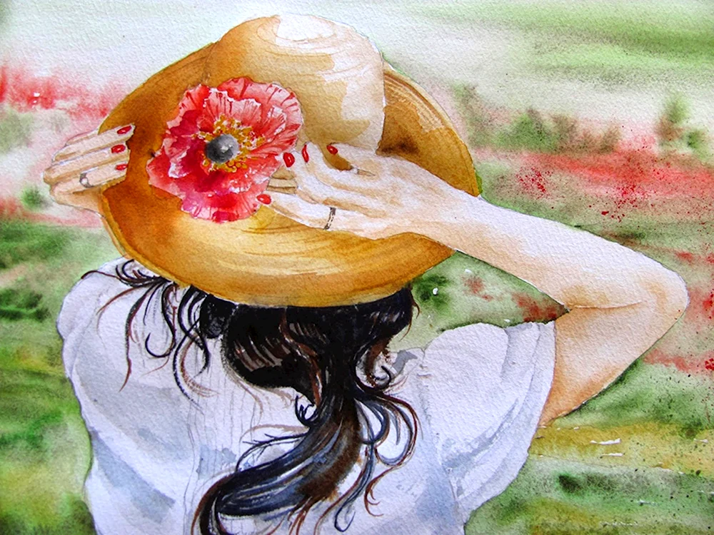 Девушка с цветами акварель