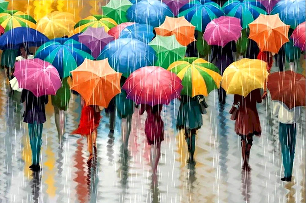Люди под разноцветными зонтами