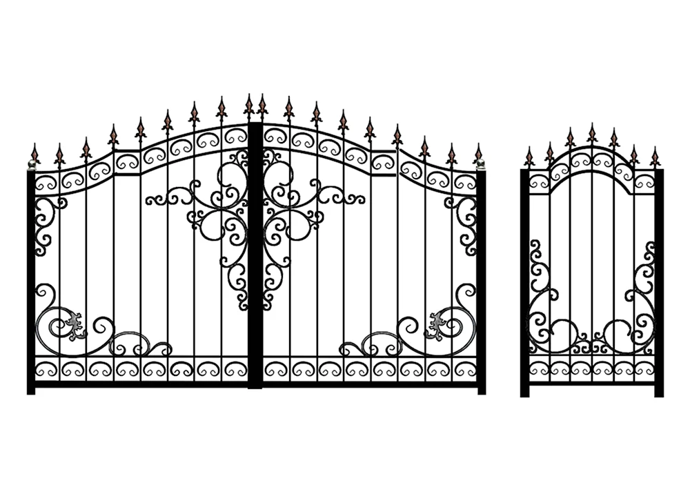 Ворота кованые двустворчатые с калиткой чертеж
