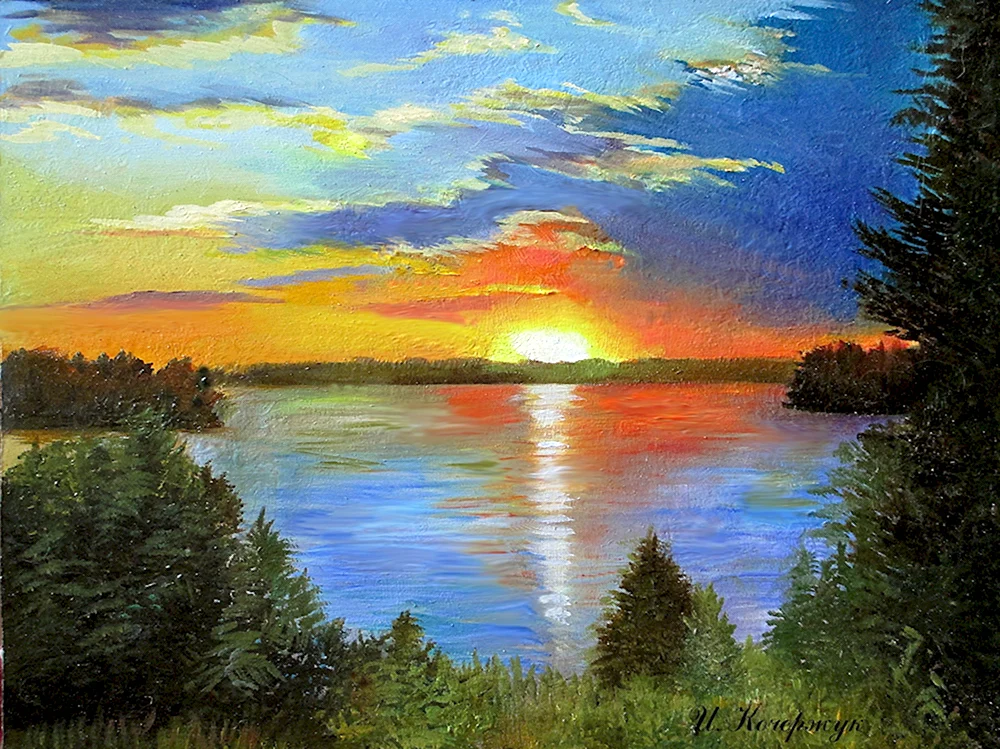 Закат над озером живопись