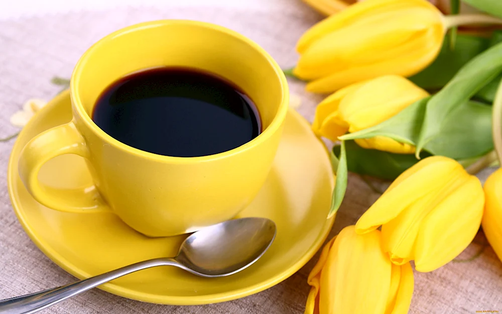 Желтые тюльпаны и кофе