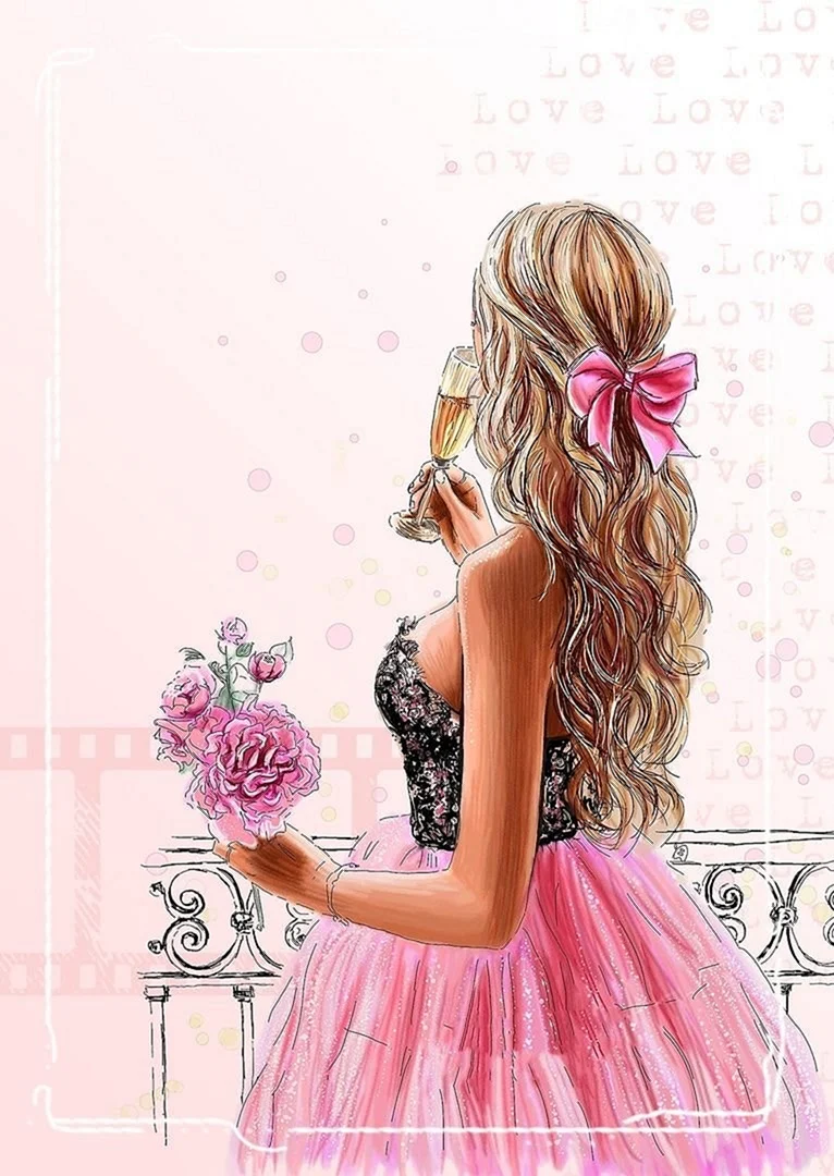 Девушка нарисованная в розовом платье