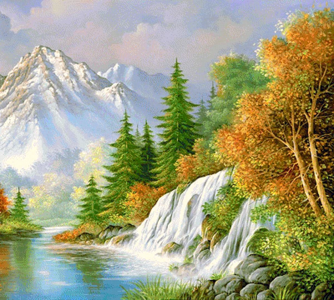 Пейзаж с водопадом и горами