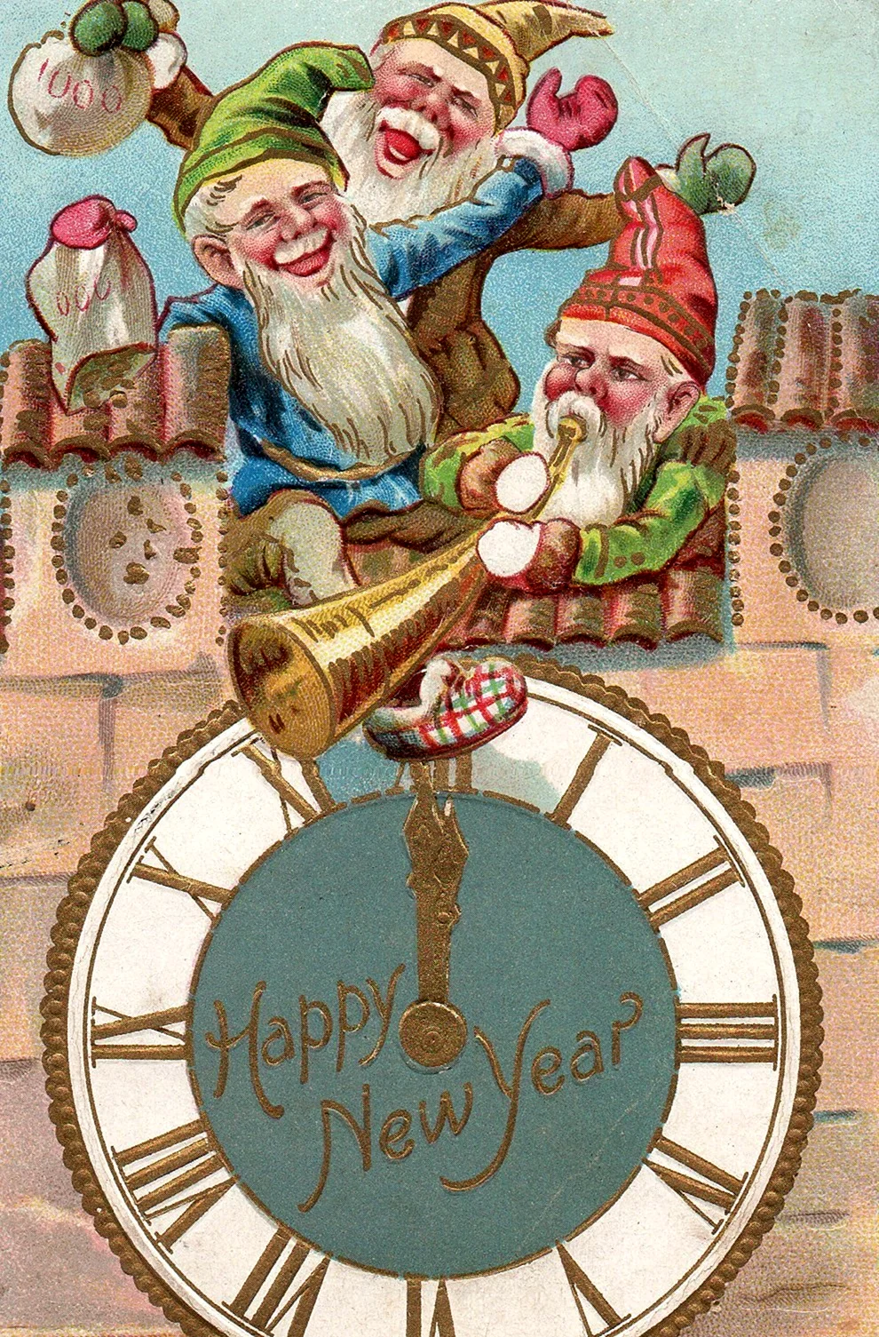 Винтажная Новогодняя открытка с часами